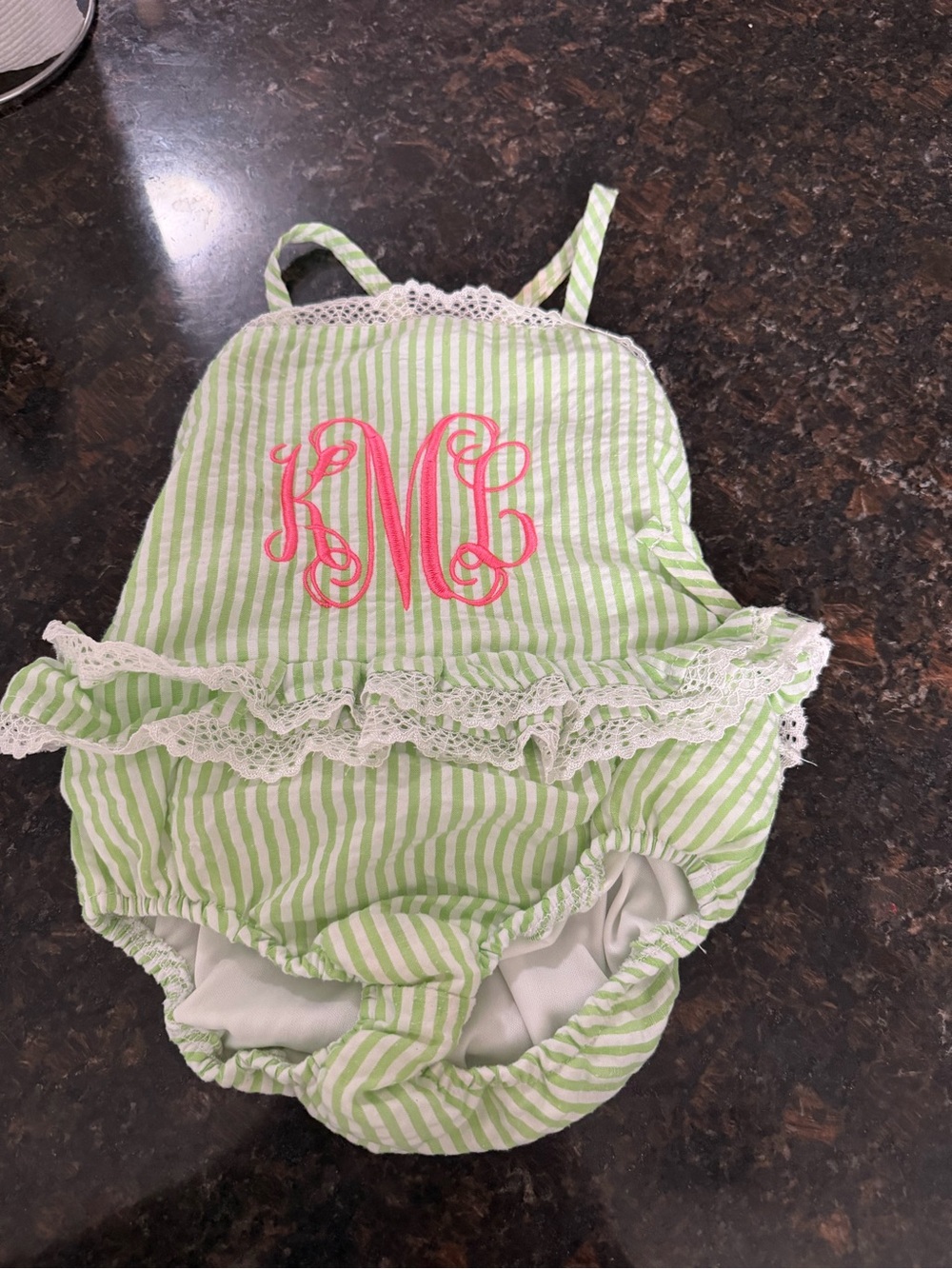 Green and White Striped Monogram Baby Bubble Romper